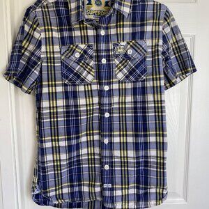 Superdry Mens Short Sleeve Plaid Button-Up Shirt Medium Cotton Blend Blue/Yellow